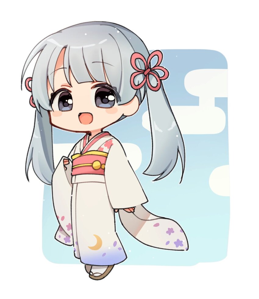 1girl :d asymmetrical_bangs blunt_bangs cherry_blossom_print chibi chibi_only coeiroink egasumi floral_print floral_print_kimono flower_knot full_body grey_eyes grey_hair hair_ribbon hankaku_minami highres japanese_clothes kimono looking_at_viewer obi obiage obidome obijime open_mouth print_kimono ribbon sandals sash smile socks solo tabi tsukuyomi-chan twintails white_kimono white_socks wide_sleeves zouri
