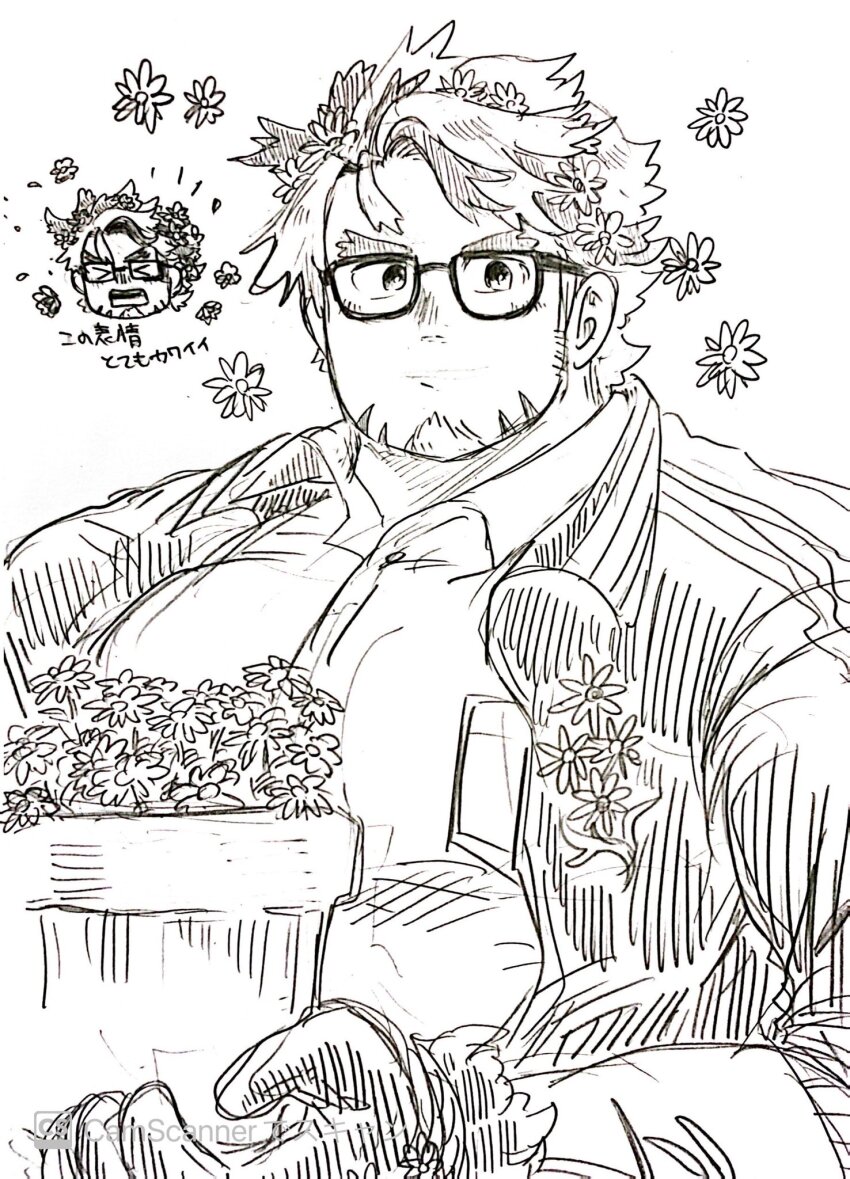 &gt;_&lt; 1boy :/ bara chibi chibi_inset collared_shirt donguri306 facial_hair farmer flower glasses goatee graphite_(medium) greyscale hair_flower hair_ornament happy_aura highres hippolytus_(housamo) holding holding_plant large_pectorals male_focus monochrome pectorals plant potted_plant scan shirt short_hair sideburns sideburns_stubble sketch solo stubble thick_eyebrows tokyo_houkago_summoners traditional_media upper_body
