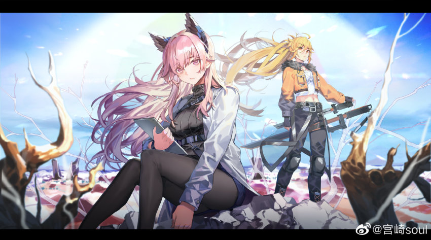 2girls ahoge animal_ears blonde_hair breasts chinese_commentary commentary_request extra_ears fingerless_gloves fur_collar girls&#039;_frontline girls&#039;_frontline_neural_cloud gloves highres holding holding_tablet_pc jacket jewelry knee_pads lab_coat large_breasts letterboxed long_hair long_sleeves looking_at_viewer midriff miyazakisoul multiple_girls navel necklace open_clothes open_jacket orange_jacket outdoors pants pantyhose persicaria_(neural_cloud) pink_eyes pink_hair red_eyes ribbed_sweater sheath sheathed shirt sitting sky small_breasts sol_(neural_cloud) sweater sword tablet_pc very_long_hair watermark weapon weibo_watermark white_shirt yellow_jacket