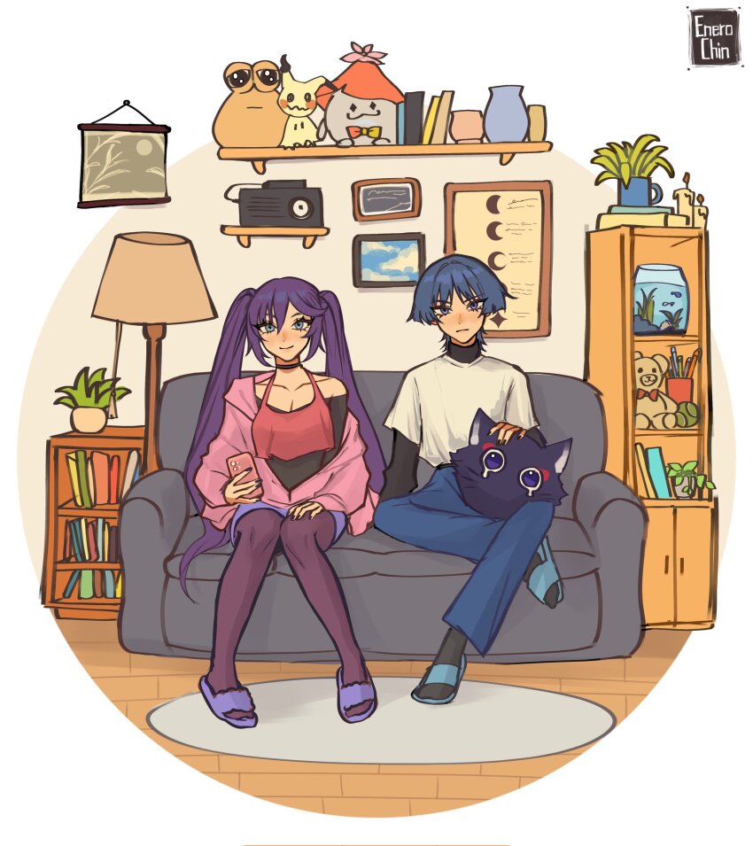 1boy 1girl alternate_costume aranara_(genshin_impact) artist_name black_pantyhose black_shirt black_sleeves black_socks blue_eyes blue_hair blue_pants book bookshelf breasts candle candlelight casual cat-shaped_pillow cleavage closed_mouth collarbone contemporary creatures_(company) cropped_shirt crossed_legs domestic enerochinarts expressionless eyelashes fish fishbowl full_body game_freak gen_7_pokemon genshin_impact grass hand_on_own_thigh highres holding holding_phone indoors jacket knees_together_feet_apart lamppost layered_shirt layered_sleeves long_hair long_sleeves looking_at_viewer mimikyu mona_(genshin_impact) nintendo off-shoulder_shirt off_shoulder pants pantyhose pencil_case phone picture_frame pink_jacket pink_sleeves plant pokemon potted_plant pou pou_(game) projector purple_eyes purple_hair purple_shorts rug scaramouche_(cat)_(genshin_impact) scaramouche_(genshin_impact) shirt short_sleeves shorts side-by-side sitting slippers smile socks stuffed_animal stuffed_toy teddy_bear turtleneck turtleneck_shirt twintails vase very_long_hair water white_sleeves