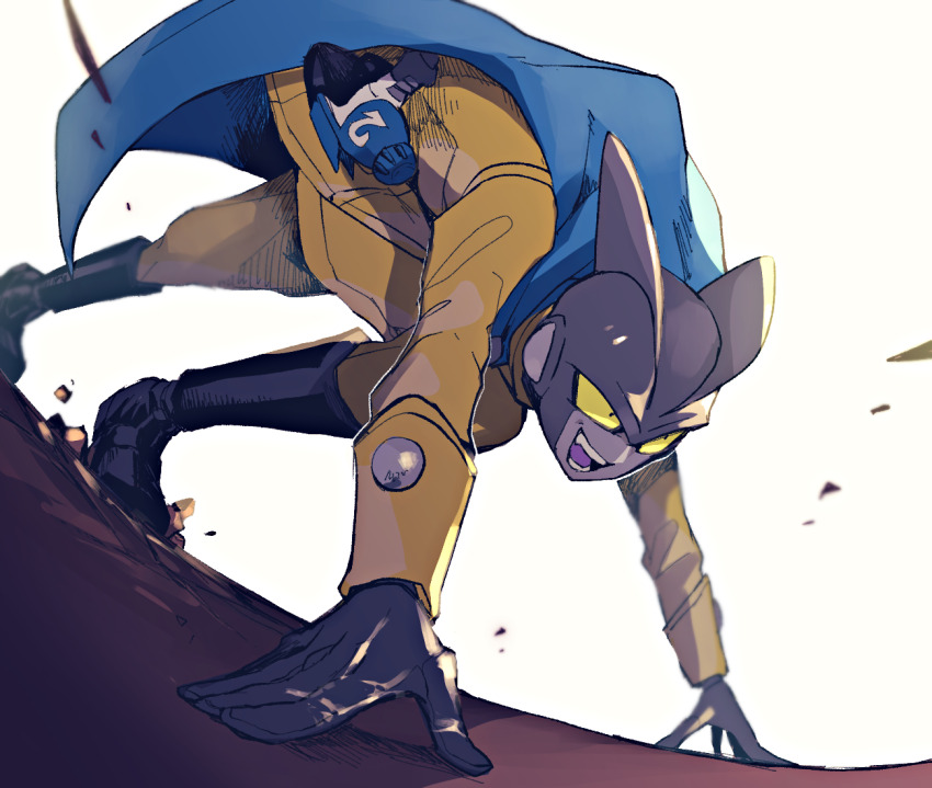 1boy :d bent_over black_boots black_gloves blue_cape boots cape colored_sclera colored_skin colored_tongue commentary_request dragon_ball dragon_ball_super dragon_ball_super_super_hero energy_gun gamma_2 gloves grey_skin harvest88 holster jacket long_sleeves looking_ahead male_focus open_mouth pants purple_tongue ray_gun simple_background sleeve_cuffs smile solo teeth v-shaped_eyebrows weapon white_background yellow_jacket yellow_pants yellow_sclera