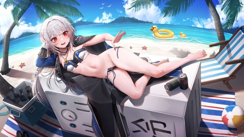 1girl @_@ absurdres armpit_peek armpits bare_legs barefoot beach bikini black_bikini blue_coat breasts can coat commission day doyoon_7 drink_can embarrassed gold_trim grey_hair hand_up head_rest highres jewelry long_hair long_sleeves lying monster_energy multicolored_bikini navel necklace on_side open_clothes open_coat open_mouth original outdoors pepsi red_eyes second-party_source side-tie_bikini_bottom small_breasts smile soda_can solo stomach strapless strapless_bikini string_bikini sweat swimsuit thighs tube_top two-tone_bikini untied_bikini very_long_hair wardrobe_malfunction white_bikini