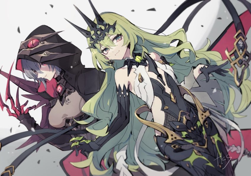 2girls asymmetrical_gloves bare_shoulders black_bodysuit black_cape black_dress black_gloves black_hair bodysuit breasts cape claw_(weapon) claw_ring crown dress earrings gloves green_eyes green_hair grin honkai_(series) honkai_impact_3rd jewelry long_hair looking_at_viewer mismatched_gloves mobius_(honkai_impact) mole mole_under_mouth multiple_girls purple_eyes raven_(honkai_impact) short_hair single_earring single_sleeve sleeveless sleeveless_dress smile takase_(takase1214) teeth wavy_hair weapon white_background