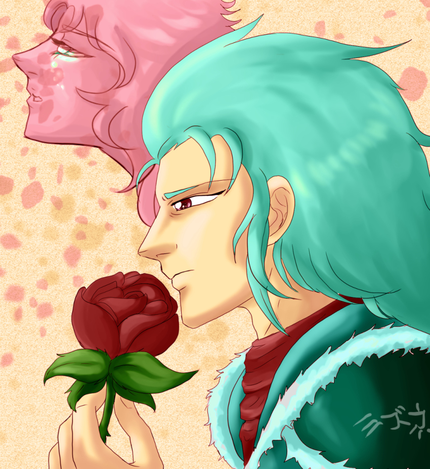 blue_hair blue_jacket flower highres jacket mamiya_(hokuto_no_ken) rei_(hokuto_no_ken) rose tears