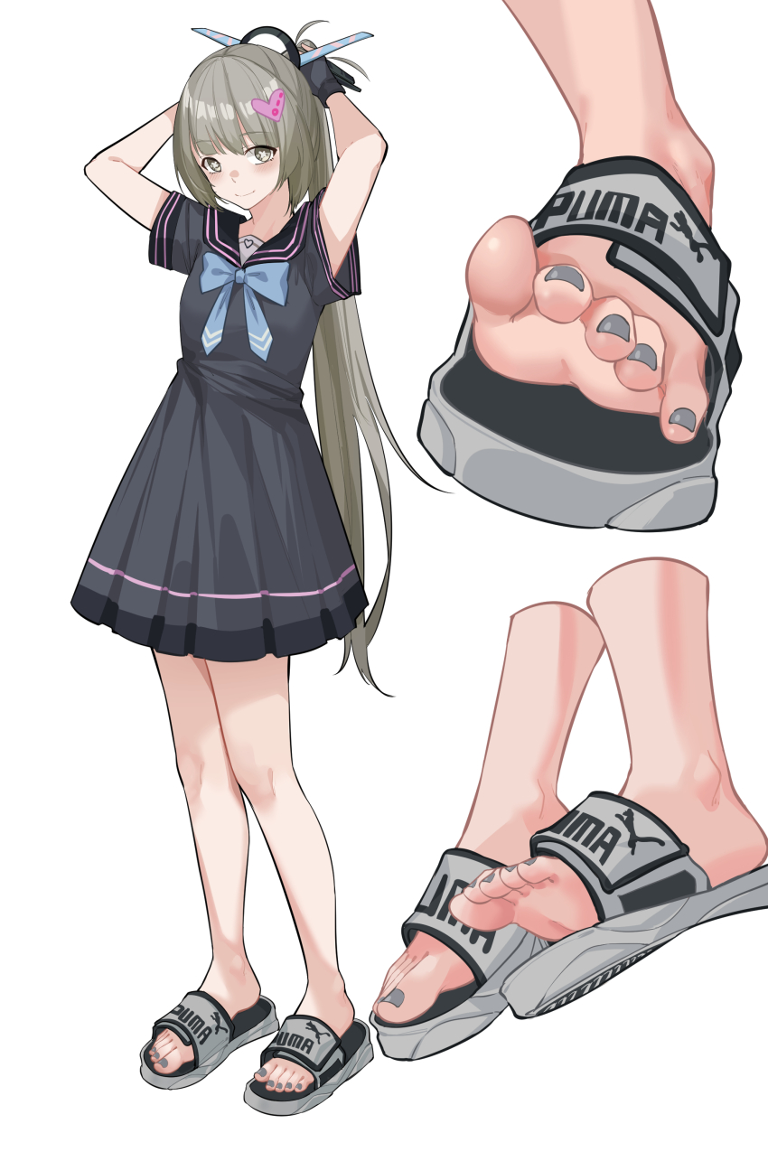 1girl absurdres bare_legs barefoot black_dress black_sailor_collar blue_bow blue_bowtie bow bowtie dress gloves grey_hair grey_nails hair_ornament heart heart_hair_ornament highres long_hair nanami:_pulse_(pgr) nanami_(pgr) nanase_young ponytail puma_(brand) punishing:_gray_raven sailor_collar sailor_dress short_sleeves sidelocks slippers soles solo symbol-shaped_pupils toes very_long_hair white_background x-shaped_pupils