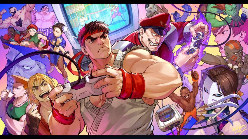 2girls 6+boys beret blanka blonde_hair blue_dress brown_hair cammy_white capcom character_request chun-li colored_skin cup dark-skinned_female dark_skin dhalsim double_bun dress drinking green_skin guile hair_bun hat highres holding holding_cup ken_masters m._bison mask multiple_boys multiple_girls muscular muscular_male nishiki_areku playing_games ryu_(street_fighter) second-party_source street_fighter street_fighter_6 topless_male vega_(street_fighter) zangief