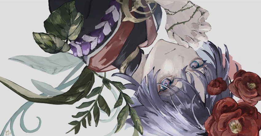 1boy black_bodysuit black_kimono black_sleeves blunt_ends bodysuit closed_mouth end_s2 expressionless eyelashes eyeliner eyeshadow flower genshin_impact gold highres japanese_clothes jewelry juban kimono leaf looking_at_viewer makeup male_focus neck_ring own_hands_clasped own_hands_together pink_nails plant purple_eyes purple_hair purple_rope red_eyeliner red_eyeshadow red_flower red_kimono rope scaramouche_(genshin_impact) shimenawa solo thorns upside-down vines white_background white_kimono white_rope wispy_bangs