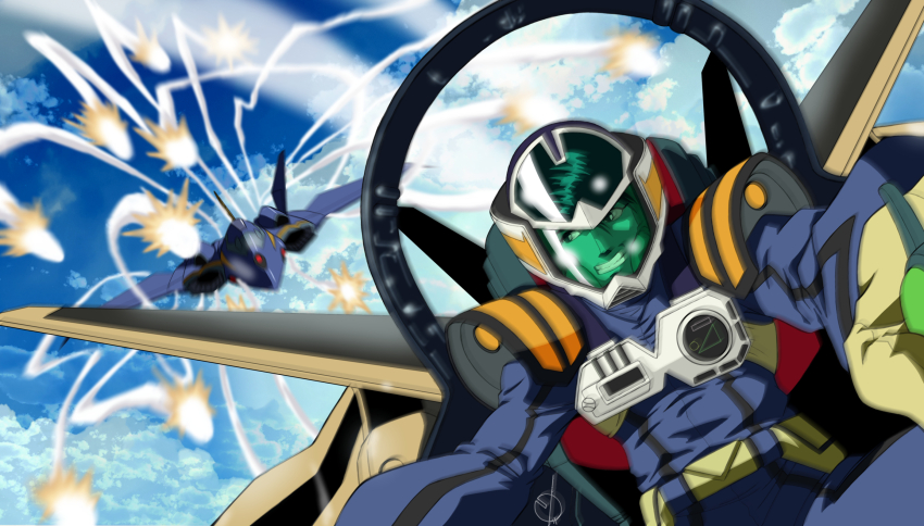 1boy aerial_battle battle canopy_(aircraft) chasing clenched_teeth cloud cloudy_sky commentary_request contrail dogfight duel gloves highres isamu_dyson itano_circus looking_to_the_side macross macross_plus mecha_pilot_suit missile pilot science_fiction sky teeth variable_fighter y-ohkubo yf-19 yf-21