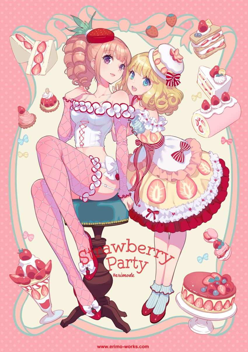 2girls :d ankle_socks artist_name bare_shoulders blonde_hair blue_eyes blueberry bow breasts bustier cake cake_print cake_slice choker curly_hair detached_sleeves dress drill_hair food food-themed_clothes food-themed_hair_ornament food_print footwear_bow frilled_dress frilled_sleeves frilled_socks frilled_thighhighs frills fruit fruit_print full_body garter_belt hair_ornament hat high_heels highres inset_border layered_dress leaf light_brown_hair long_hair looking_at_viewer macaron macaron_hair_ornament midriff multiple_girls nishimura_eri open_mouth original parfait pink_sleeves pink_theme pink_thighhighs polka_dot polka_dot_background puffy_sleeves purple_eyes red_footwear sidelocks sitting small_breasts smile socks standing stool strawberry strawberry_hair_ornament strawberry_parfait strawberry_print strawberry_shortcake striped_bow striped_clothes striped_socks sweets sweets_lingerie thighhighs watermark web_address white_bow