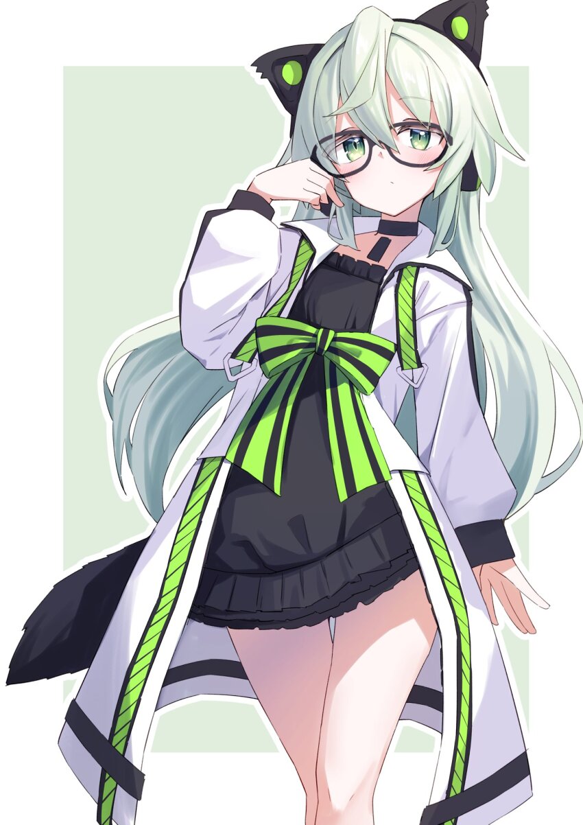 1girl animal_ear_headphones animal_ears black-framed_eyewear black_choker black_dress blush bow cat_ear_headphones choker closed_mouth coat collarbone dress fake_animal_ears feet_out_of_frame frilled_dress frills glasses green_background green_bow green_eyes green_hair hair_between_eyes hand_up headphones highres jacket long_hair long_sleeves looking_at_viewer open_clothes open_coat ruginea_(vrchat) six_box solo striped_bow tail two-tone_background very_long_hair vrchat white_coat white_jacket