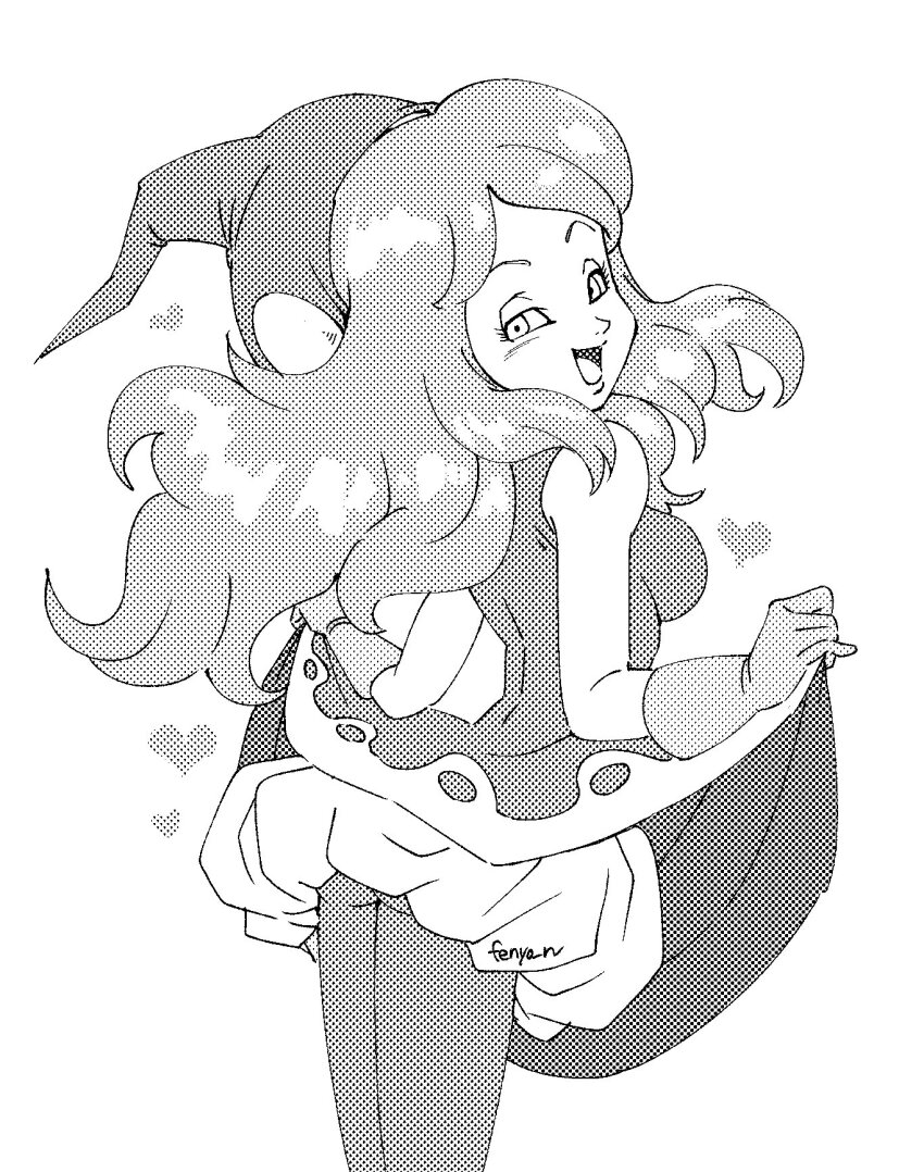 1girl ass_peek breasts brianne_de_chateau clothes_lift dragon_ball dragon_ball_super dress dress_lift fenyon floating_hair gloves greyscale halftone highres holding holding_unworn_clothes holding_unworn_dress hood long_hair looking_back looking_down medium_breasts monochrome open_mouth pantyhose signature skinny sleeveless sleeveless_dress smile solo