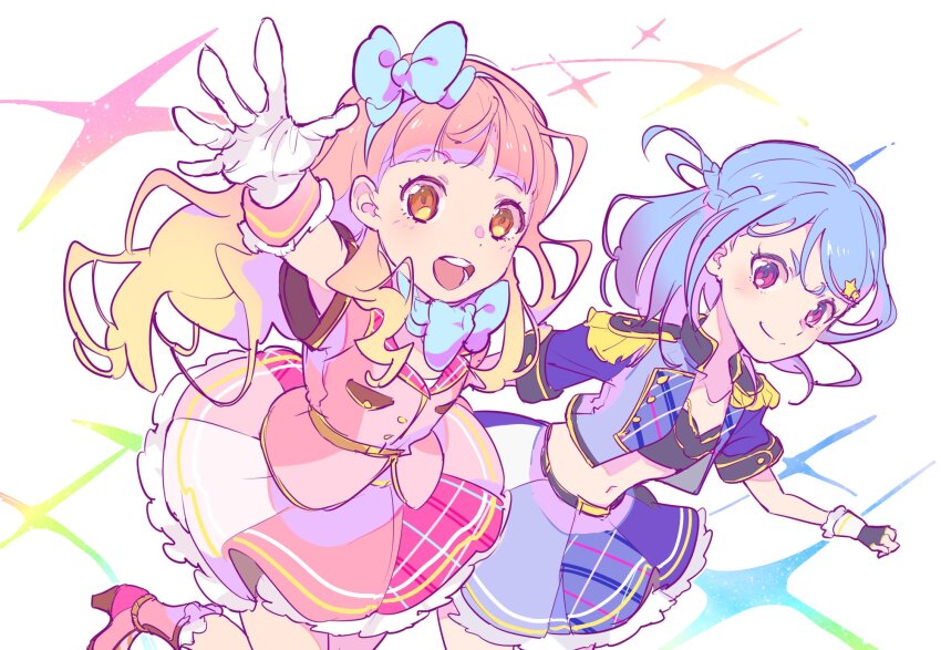 2girls :d aikatsu!_(series) aikatsu_friends! arm_up bad_id bad_twitter_id blonde_hair blue_bow blue_hair blue_jacket blue_skirt blunt_bangs bow braid closed_mouth cropped_jacket epaulettes gloves gradient_hair hair_bow hair_ornament highres idol_clothes jacket long_hair looking_at_viewer midriff minato_mio multicolored_hair multiple_girls open_mouth pink_hair pink_jacket pink_skirt purple_eyes shiontaso skirt smile sparkle star_(symbol) star_hair_ornament white_background white_gloves yuki_aine