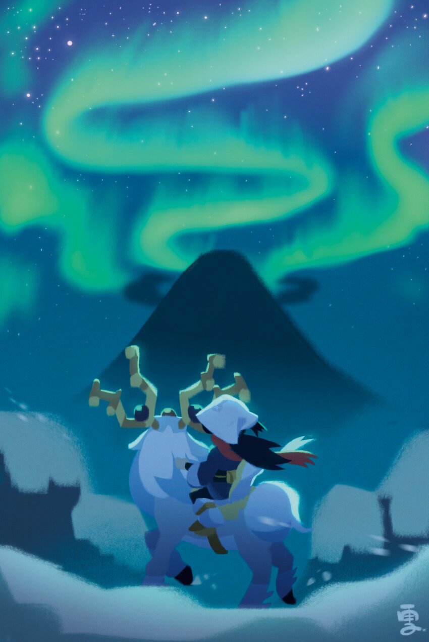 1girl absurdres akari_(pokemon) antlers aurora commentary cosmosully deer english_commentary from_behind headscarf highres horns mountain night night_sky nintendo pokemon pokemon_(creature) pokemon_legends:_arceus sky star_(sky) white_fur white_headscarf white_headwear wyrdeer
