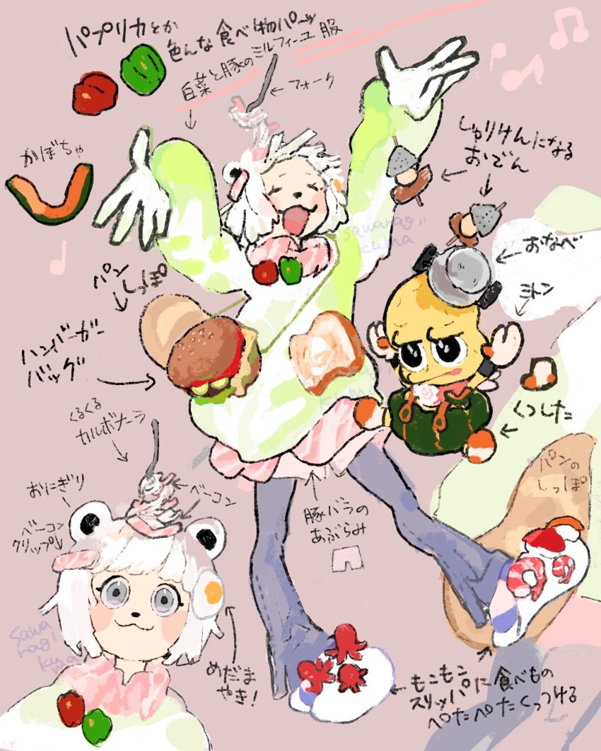1boy 1girl :3 alternate_costume alternate_hair_color animal_ears arms_up artist_name bell_pepper black_eyes blush_stickers burger closed_eyes colored_skin denim egg_hair_ornament food food-themed_bag food-themed_footwear food-themed_hair_ornament food_on_head full_body gloves green_shorts green_sweater grey_eyes grey_pants hair_ornament highres jeans long_sleeves mode_aim multiple_views musical_note neck_warmer object_on_head oden pants pants_under_shorts peanuts-kun pink_shorts ponpoko_(vtuber) raccoon_ears raccoon_girl raccoon_tail sawaragi_kuma short_hair shorts simple_background slippers smile socks suspender_shorts suspenders sweater tail virtual_youtuber white_gloves white_hair yellow_skin