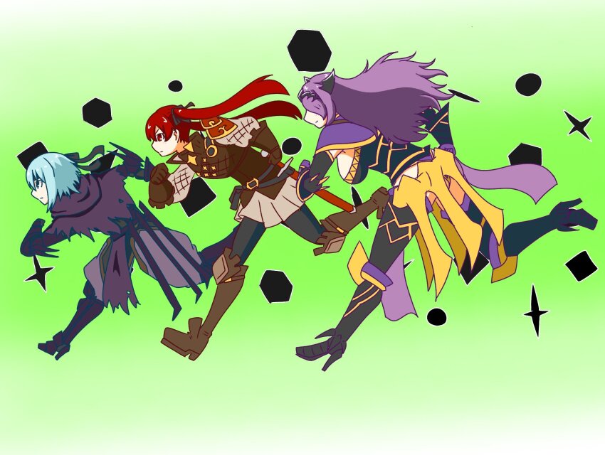 3girls armor beruka_(fire_emblem) black_armor black_headband camilla_(fire_emblem) capelet demensionalrobo fire_emblem fire_emblem_fates headband highres multiple_girls nintendo pantyhose purple_hair red_hair running selena_(fire_emblem_fates) thighhighs torn_capelet torn_clothes twintails