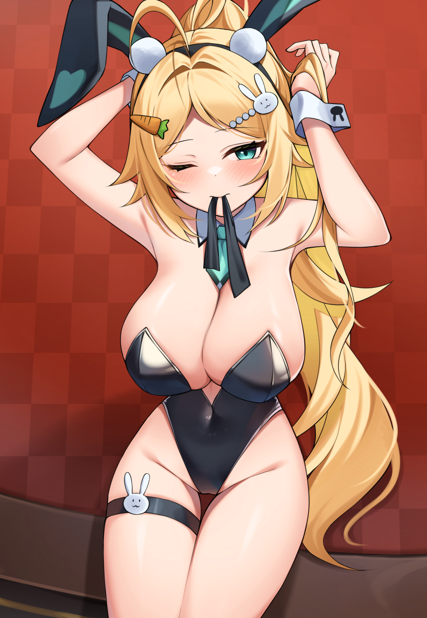 1girl absurdres ahoge animal_ears aqua_eyes bare_legs bare_shoulders black_leotard black_ribbon black_survival blonde_hair blush breasts carrot_hair_ornament checkered_background cleavage eternal_return:_black_survival fake_animal_ears food-themed_hair_ornament hair_ornament highres large_breasts leotard mouth_hold nicky_blake nicky_blake_(bad_beat) official_alternate_costume one_eye_closed playboy_bunny ponytail rabbit_ears red_background ribbon single_bare_leg thigh_strap thighs ziro_(zirorong)