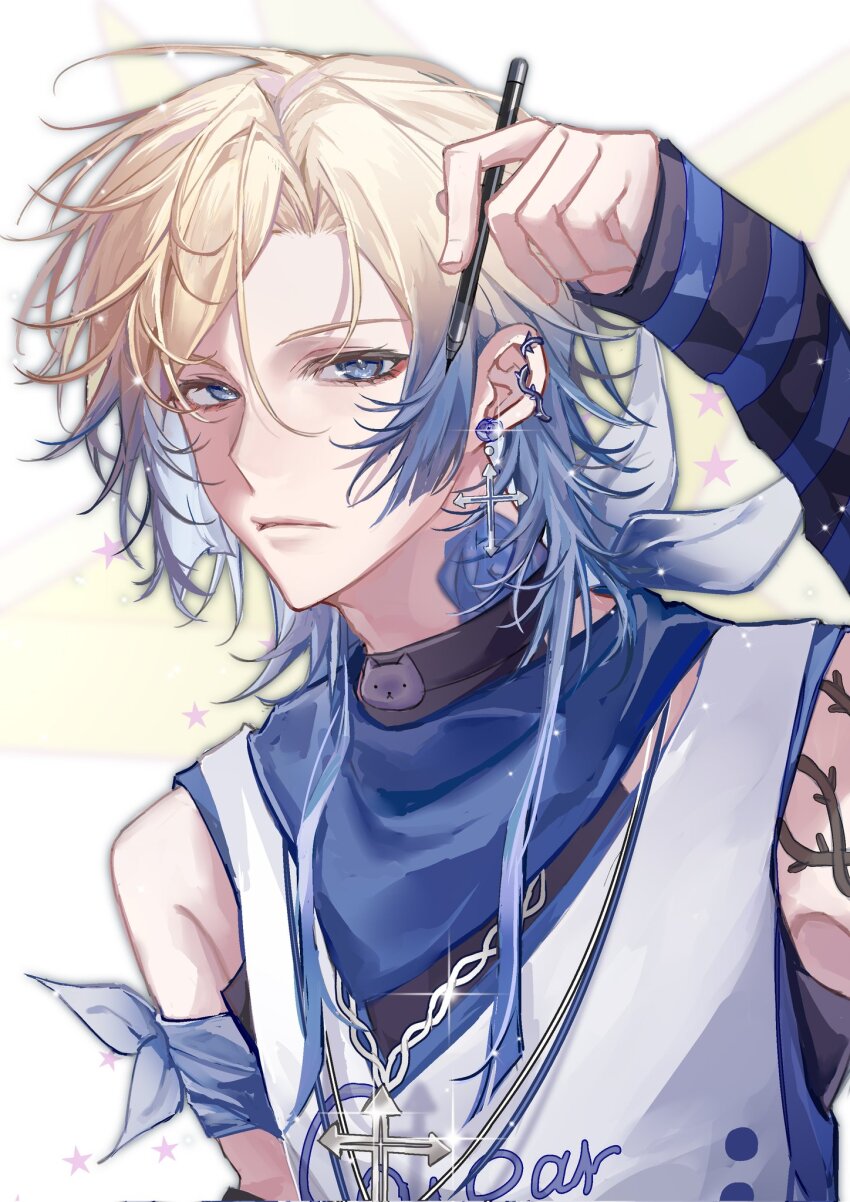 1boy alternate_costume arm_warmers bandana bandana_around_arm bandana_around_neck bare_shoulders blonde_hair blue_bandana blue_eyes blue_flower blue_hair blue_lock blue_rose blue_tank_top chunfu8581 closed_mouth commentary curtained_hair ear_piercing earrings english_commentary flower flower_tattoo frown gradient_hair highres holding holding_pen jewelry looking_at_viewer male_focus michael_kaiser multicolored_hair multiple_earrings neck_tattoo parted_hair pen piercing rose shirt shoulder_tattoo sleeveless sleeveless_shirt solo striped_arm_warmers tank_top tattoo upper_body white_tank_top