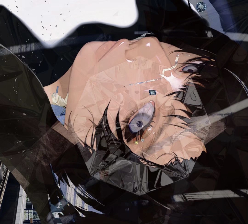 1girl black_hair blue_eyes blue_gemstone closed_mouth commentary eyelid_piercing gem looking_at_viewer mikasamu piercing shiina_ringo short_hair solo tokyo_jihen yellow_gemstone