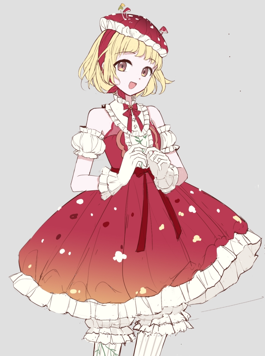 1girl bare_shoulders blonde_hair blunt_bangs bow bowtie brooch brown_eyes buttons chinese_commentary commentary cowboy_shot detached_sleeves dot_nose dress flat_color food_print frilled_dress frilled_gloves frilled_sleeves frilled_thighhighs frills gloves grey_background happy hat headband heart heart_brooch highres jewelry mushroom_hat mushroom_mirth_(shining_nikki) mushroom_print nikki_(series) open_mouth own_hands_together plant puffy_short_sleeves puffy_sleeves red_bow red_bowtie red_dress red_hat red_headband shining_nikki shirt shirt_under_dress short_dress short_hair short_sleeves simple_background sleeveless sleeveless_dress smile solo standing striped_clothes striped_thighhighs tareme thighhighs vertical-striped_clothes vertical-striped_thighhighs vines waist_bow white_gloves white_shirt white_sleeves white_thighhighs youyidianqingming