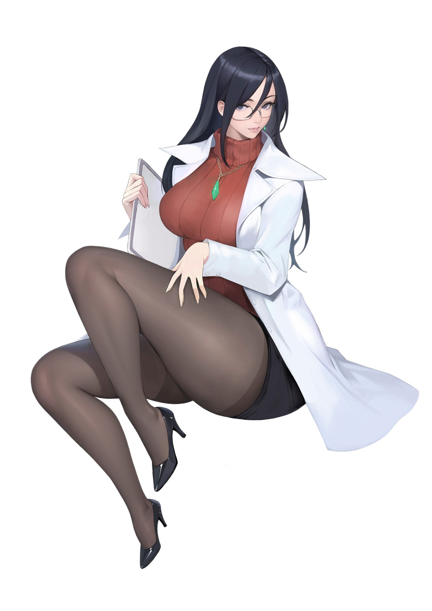 1girl black_hair black_shoes black_skirt bobobong breasts clipboard closed_mouth earrings fingernails full_body gem glasses green_gemstone hair_between_eyes hand_on_own_thigh high_heels highres holding holding_clipboard jewelry justice_gakuen knee_up lab_coat large_breasts legs long_hair minazuki_kyouko necklace pantyhose patent_heels pencil_skirt pendant pumps red_sweater ribbed_sweater shoes single_earring sitting skirt solo stiletto_heels sweater thick_thighs thighs turtleneck white_background