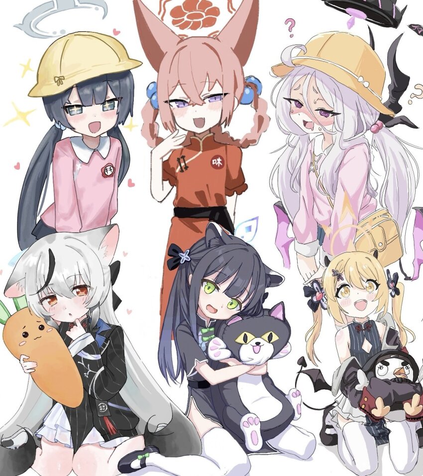 6+girls alternate_costume animal_ears black_hair blonde_hair blue_archive cosplay fox_ears grey_hair highres hina_(blue_archive) horns ibuki_(blue_archive) kindergarten_uniform kisaki_(blue_archive) kisaki_(kindergarten_uniform)_(blue_archive) kokona_(blue_archive) kokona_(blue_archive)_(cosplay) multiple_girls rumi_(blue_archive) rumi_(small)_(blue_archive) shun_(blue_archive) shun_(small)_(blue_archive) simple_background twitter utugu white_background white_hair