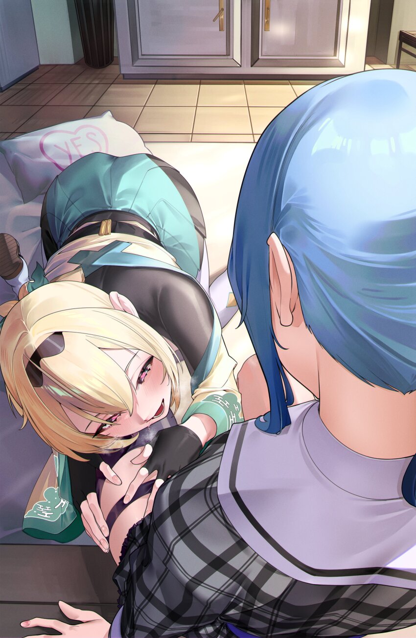 2girls :d absurdres all_fours black_gloves black_hairband black_thighhighs blonde_hair blue_eyes blue_hair bow commentary double-parted_bangs english_commentary eredhen fingerless_gloves frilled_skirt frills gloves grabbing_another&#039;s_thighs grey_jacket grey_skirt hair_bow hairband hakama hakama_skirt haori heart heart-shaped_pupils highres hololive hoshimachi_suisei hoshimachi_suisei_(1st_costume) indoors jacket japanese_clothes kazama_iroha kazama_iroha_(1st_costume) looking_at_another medium_hair miniskirt multiple_girls nape open_mouth plaid_clothes plaid_jacket plaid_skirt ponytail sidelocks single_thighhigh sitting skin_tight skirt smile symbol-shaped_pupils thigh_strap thighhighs virtual_youtuber white_thighhighs yellow_haori yes-no_pillow yuri