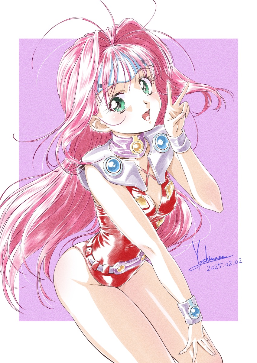 1girl absurdres artist_name belt birthday border breasts cleavage commentary cowboy_shot dated dutch_angle green_eyes groin hair_intakes hand_on_own_thigh hand_up headband highres leaning_forward leotard long_hair macross macross_7 mylene_jenius open_mouth outside_border pink_background pink_hair purple_belt red_leotard shoulder_pads signature simple_background small_breasts smile solo standing thighhighs v very_long_hair white_border white_headband wristband yoshinaga_masahiro