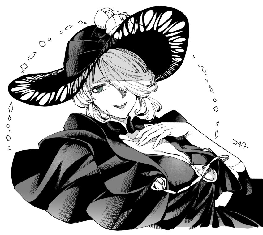 1girl breasts character_name cleavage cogita_(pokemon) commentary cropped_torso dress elbow_gloves flower gloves green_eyes hair_over_one_eye hand_on_own_chest hat hat_flower highres monochrome nintendo one_eye_covered pokemon pokemon_legends:_arceus sharumon simple_background smile spot_color swept_bangs