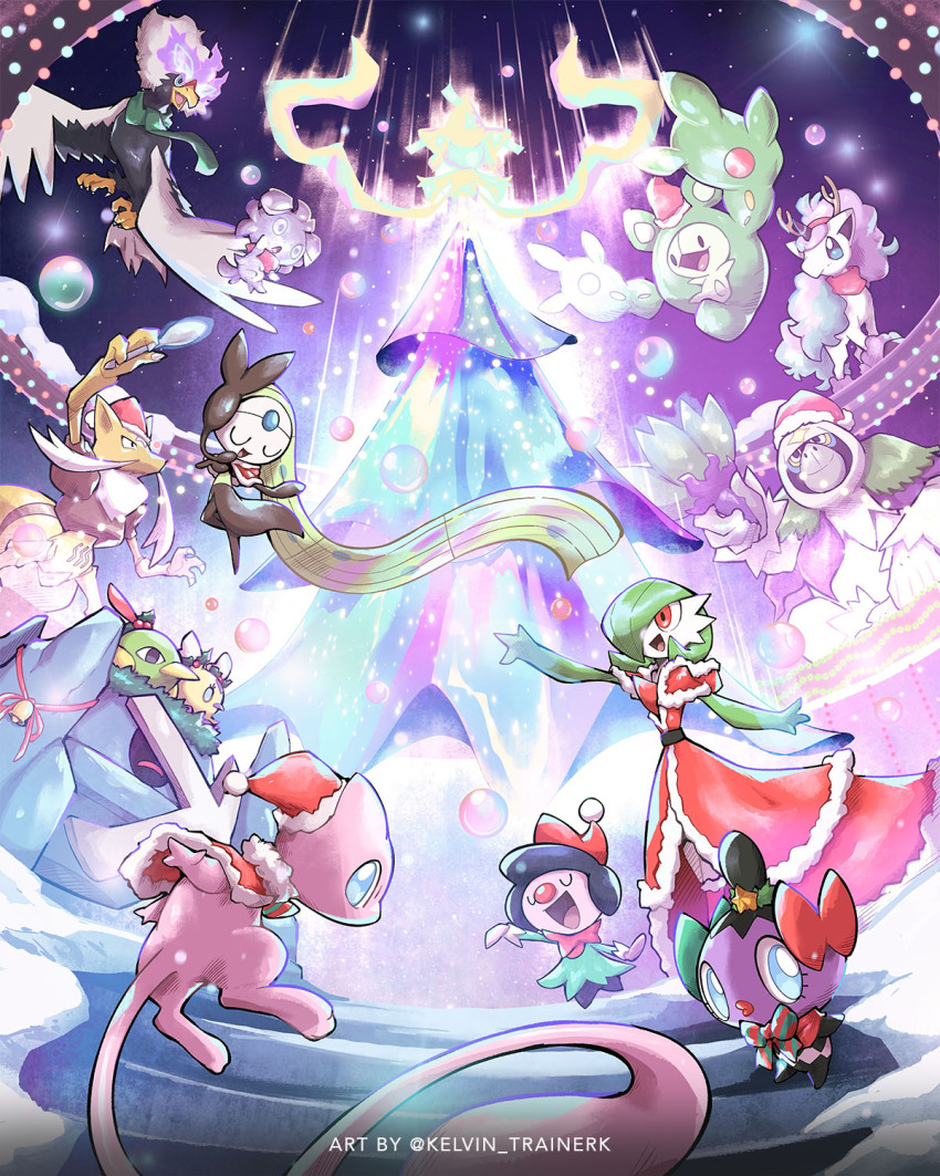 :d bell blue_eyes bow bright_pupils christmas closed_eyes clothed_pokemon commentary espurr flittle galarian_form galarian_ponyta gardevoir gen_1_pokemon gen_2_pokemon gen_3_pokemon gen_4_pokemon gen_5_pokemon gen_6_pokemon gen_7_pokemon gen_8_pokemon glowing gothita highres hisuian_braviary holding holding_spoon kadabra kelvin-trainerk legendary_pokemon meloetta mew_(pokemon) mime_jr. mythical_pokemon natu night nintendo open_mouth oranguru outdoors pokemon pokemon_(creature) red_bow reuniclus sky smile spoon twitter_username u_u watermark white_pupils