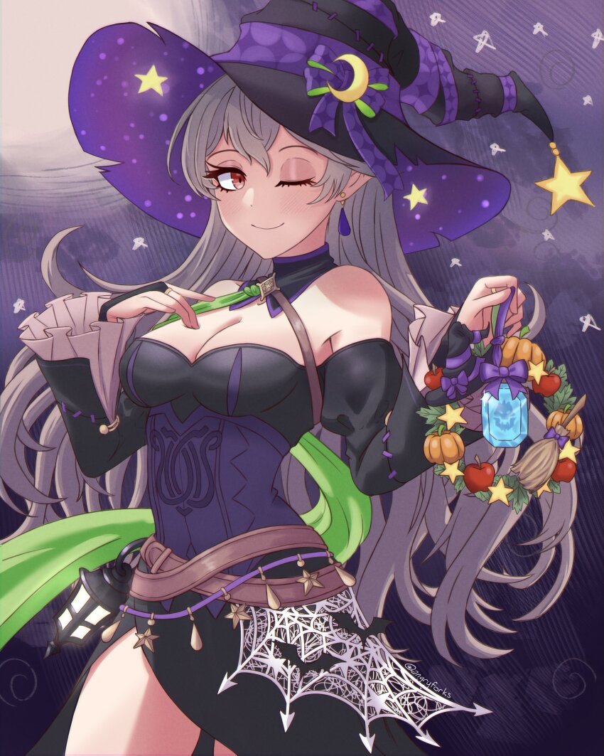 1girl absurdres angryforks bare_shoulders black_dress breasts cleavage closed_mouth corrin_(female)_(fire_emblem) corrin_(female)_(halloween)_(fire_emblem) crescent crescent_hat_ornament crossed_belts detached_sleeves dragonstone dress earrings fire_emblem fire_emblem_fates fire_emblem_heroes grey_hair halloween halloween_costume hand_on_own_chest hat hat_ornament highres jewelry lantern large_breasts long_hair long_sleeves looking_at_viewer nintendo off-shoulder_dress off_shoulder official_alternate_costume one_eye_closed pointy_ears red_eyes smile solo star_(symbol) witch witch_hat