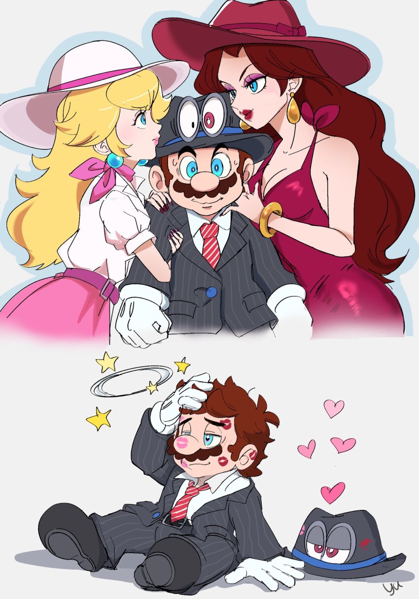 2boys 2girls after_kiss agua_mp arm_hug big_nose blonde_hair brown_hair cappy_(mario) formal_clothes girl_sandwich harem hat heart highres lipstick_mark lipstick_mark_on_ear lipstick_mark_on_face mario mario_(series) multiple_boys multiple_girls nintendo off_shoulder pauline_(mario) princess_peach sandwiched suit sun_hat super_mario_odyssey