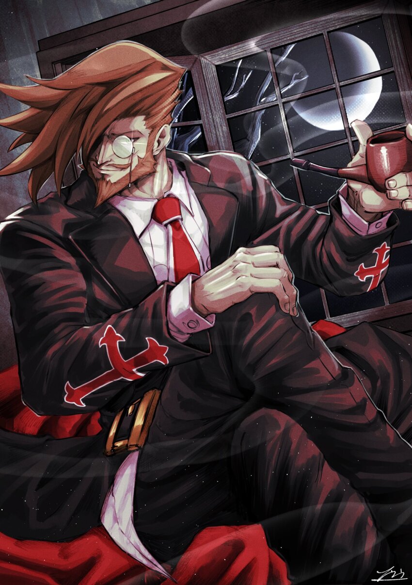 1boy beard brown_hair facial_hair full_moon guilty_gear guilty_gear_xrd hair_between_eyes highres long_sleeves male_focus manly monocle monocle_chain moon mustache nankou_(koutanan) red_eyes short_hair sitting slayer_(guilty_gear) smoking_pipe vampire