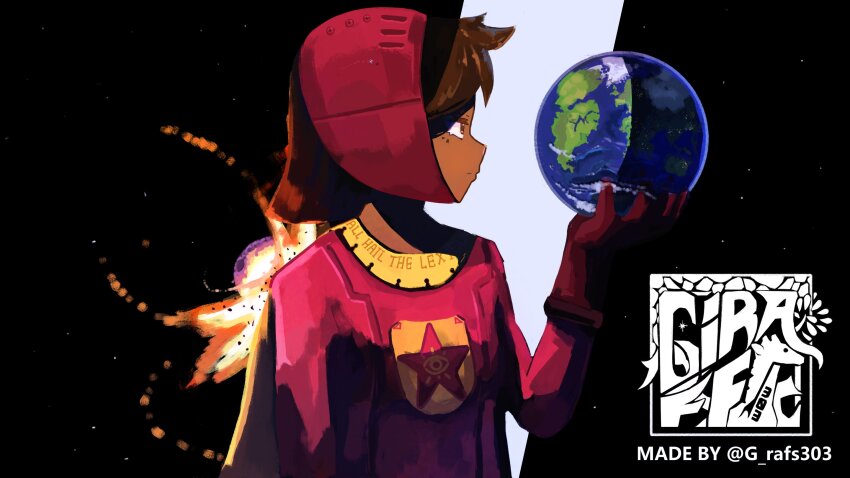 1girl alternate_size artist_name becky_botsford black_background bodysuit brown_eyes brown_hair cape child closed_mouth commentary dark-skinned_female dark_skin earth_(planet) english_commentary english_text expressionless flat_chest g_rafs303 giant giantess giraffe gloves half-closed_eyes hand_up helmet highres holding holding_planet long_sleeves looking_at_object medium_hair planet profile red_bodysuit red_gloves red_helmet short_hair signature solo space star_(sky) star_(symbol) twitter_username upper_body wordgirl_(character) wordgirl_(series) yellow_cape