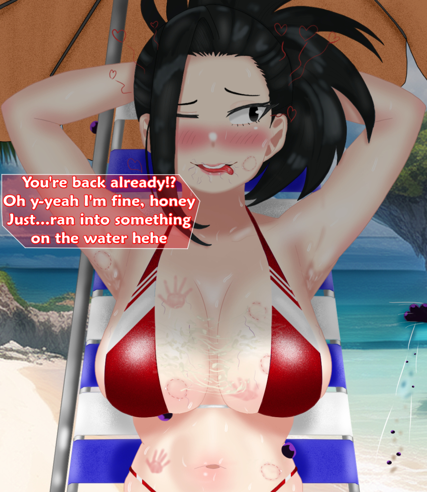 ! !! 1girl after_fellatio aftersex armpit_crease armpits arms_up ball beach belly belly_fat bikini bite_mark bite_mark_on_breast bite_marks black_eyes black_hair black_ponytail blush boku_no_hero_academia breast_milk breasts breasts_out chair cheating_(relationship) cum cum_on_body cum_on_breasts cum_on_upper_body eddarxart english_text fleeing folding_chair forehead free_use hair_over_breasts heart hiding highres imminent_penetration lactation large_breasts looking_at_another looking_at_viewer milk mineta_minoru navel netorare nipple_piercing nipples ocean offscreen_male offscreen_person one_eye_closed open_mouth parasol piercing ponytail pubic_hair_on_body pubic_hair_on_face public_indecency public_nudity public_use purple_balls purple_hair red_bikini ryona sand shaded_face shadow presenting_armpit sitting slap_mark speech_bubble stray_pubic_hair sweat swimsuit talking todoroki_shouto tongue tongue_out translated umbrella underwater vacation wink worried yaoyorozu_momo