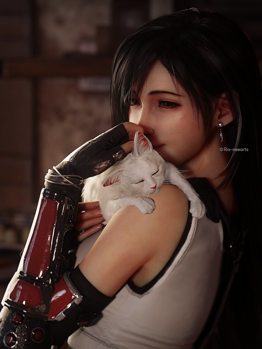 1girl 3d animal bare_shoulders black_hair cat detached_sleeves earrings final_fantasy final_fantasy_vii final_fantasy_vii_remake fingerless_gloves gloves highres holding holding_animal jewelry long_hair red_eyes ria-neearts square_enix tank_top tifa_lockhart twitter_username upper_body white_tank_top