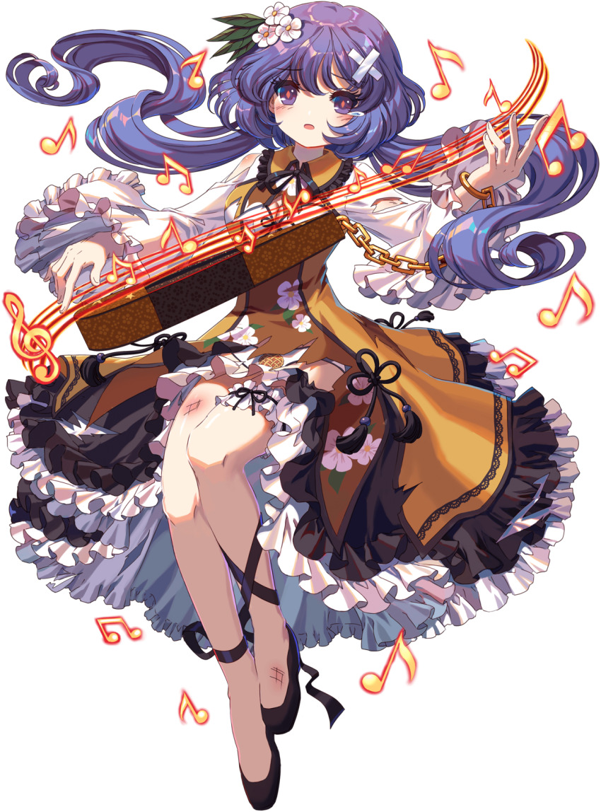 1girl black_footwear black_ribbon bra chain crossed_bandaids dress flats floral_print flower_hairpin food food_print frilled_dress frilled_sleeves frilled_thigh_strap frills full_body game_cg gold_chain highres injury kumio leg_ribbon musical_note non-web_source panties pie pie_print purple_eyes purple_hair ribbon shirt solo tachi-e teardrop thigh_strap torn_clothes torn_dress torn_shirt touhou touhou_blooming_chaos tsukumo_benben twintails underwear white_bra white_panties white_shirt white_sleeves wrist_cuffs yellow_collar yellow_dress