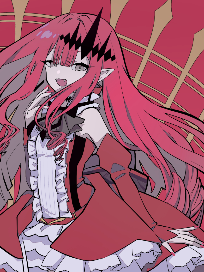 1girl baobhan_sith_(fate) baobhan_sith_(first_ascension)_(fate) detached_sleeves dress earrings fang fate/grand_order fate_(series) frilled_dress frills grey_eyes hair_ornament hand_up highres jewelry long_hair looking_at_viewer nemu1na open_mouth pink_hair pointy_ears red_dress sidelocks smile solo