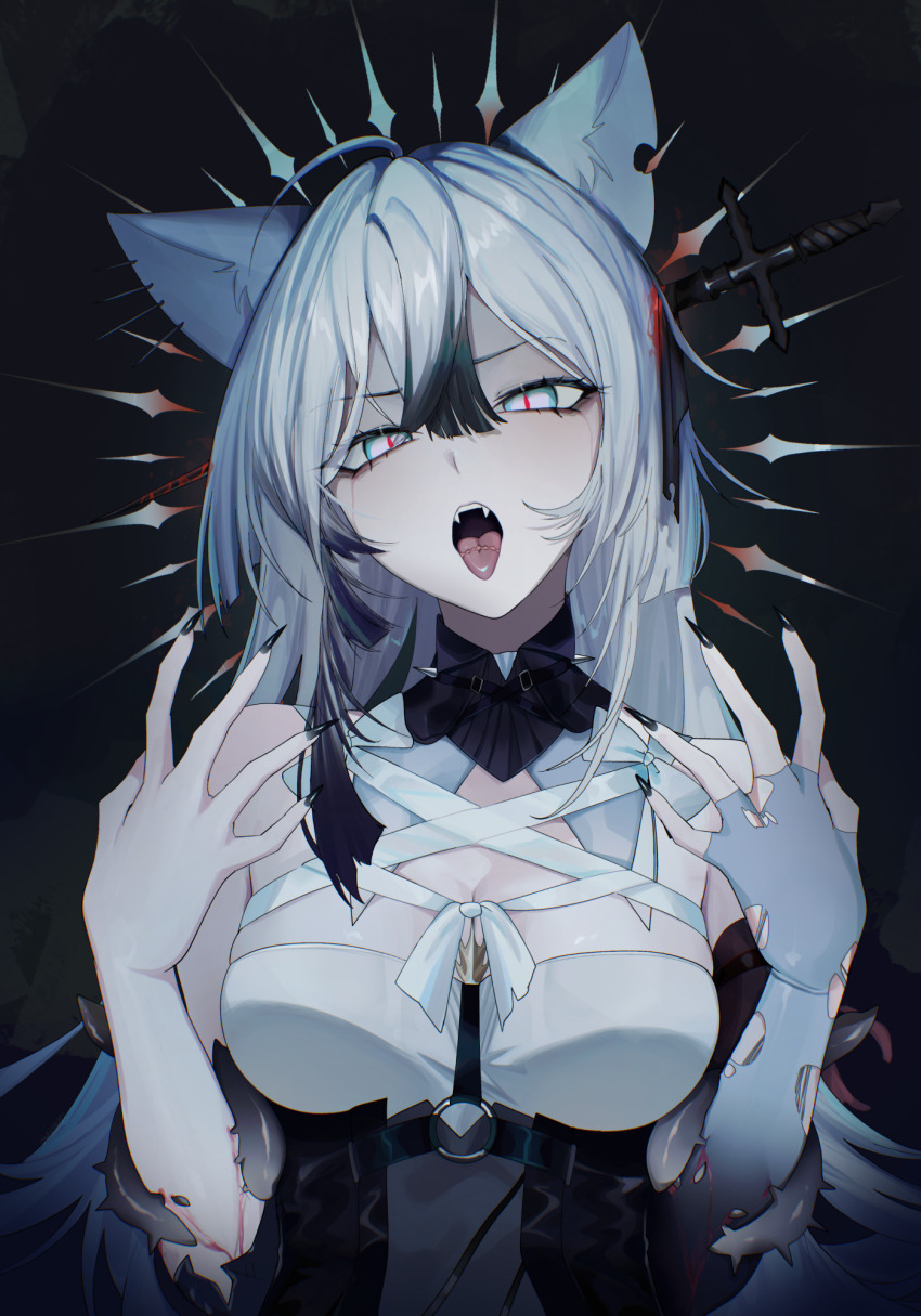 1girl animal_ears bare_shoulders black_hair black_nails blood borrowed_character breasts cat_ears cat_girl commentary english_commentary fingerless_gloves fingernails gloves hands_up highres long_fingernails long_fingers long_hair looking_at_viewer medium_breasts multicolored_hair object_through_head oni_kanzei open_mouth original red_eyes single_fingerless_glove slit_pupils solo streaked_hair sword_in_head tongue tongue_out torn_clothes torn_gloves upper_body white_eyes white_hair