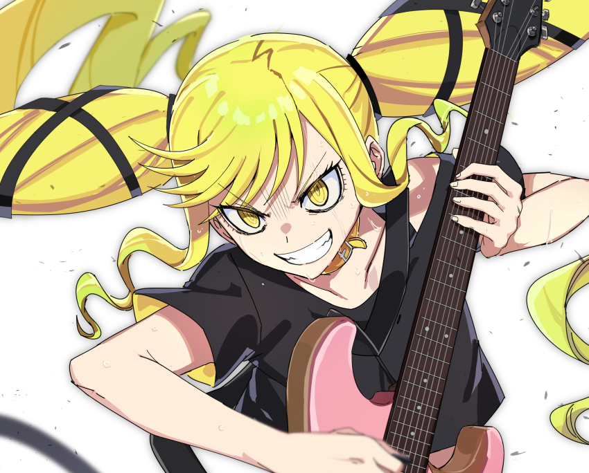 1girl aoki_shizumi black_shirt blonde_hair commentary_request electric_guitar grin guitar highres instrument long_hair music playing_guitar playing_instrument rock_wa_lady_no_tashinami_deshite shirt short_sleeves simple_background smile solo suzunomiya_lilisa sweat twintails v-shaped_eyebrows white_background yellow_collar yellow_eyes