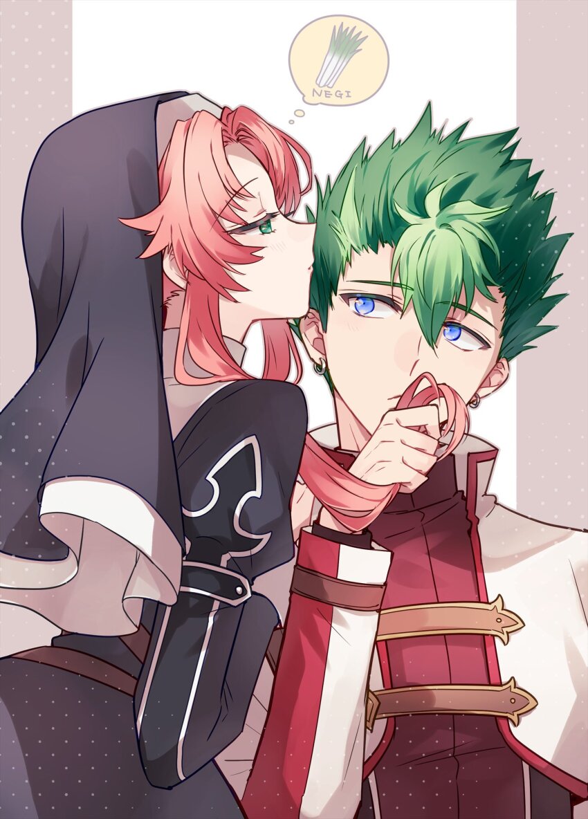 1boy 1girl blue_eyes cropped_jacket earrings eiyuu_densetsu green_eyes green_hair highres jewelry kevin_graham nun pink_hair playing_with_another&#039;s_hair ries_argent sano_(merrymerry) sidelocks sora_no_kiseki spiked_hair spring_onion traditional_nun