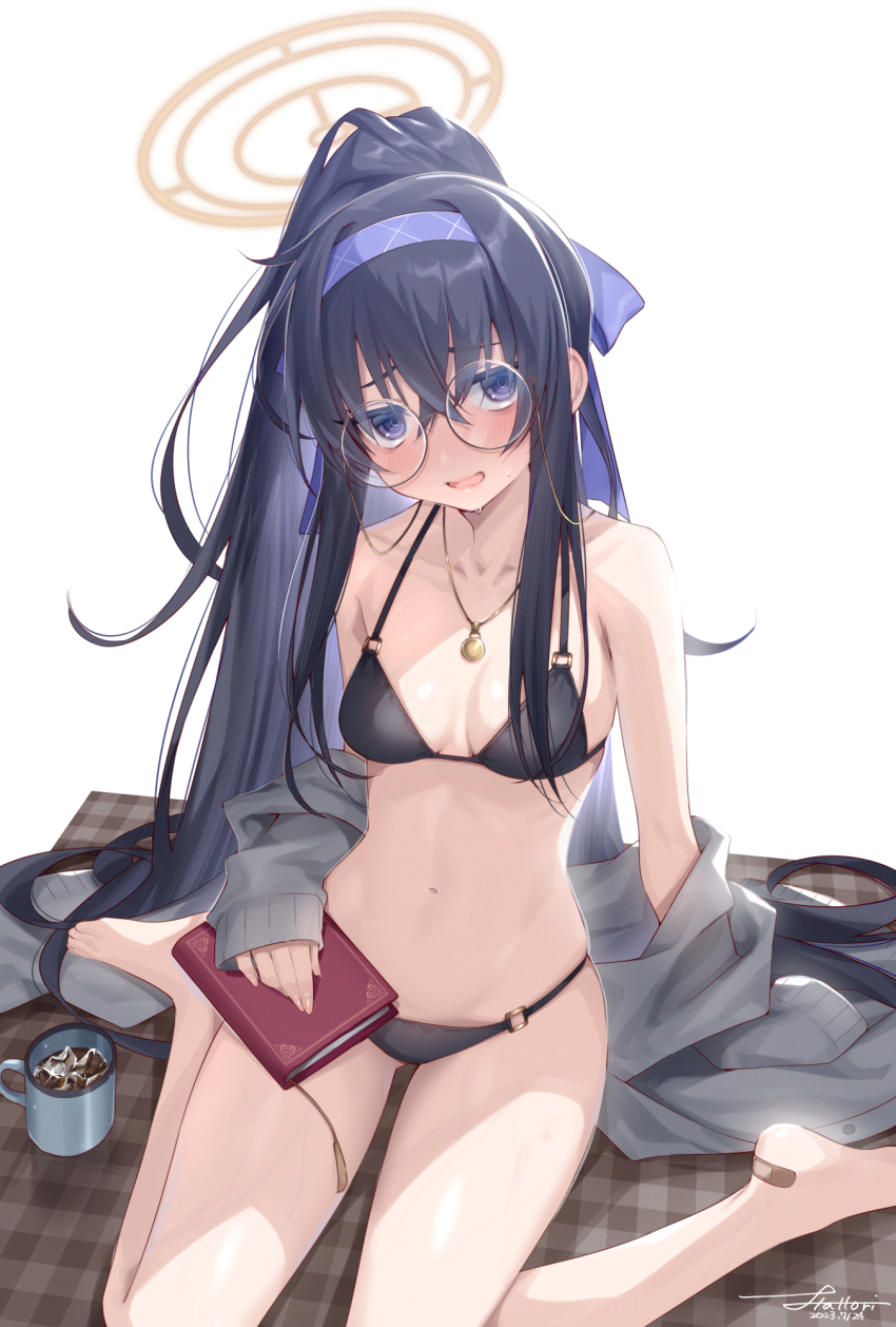 1girl artist_name bags_under_eyes bandaid bandaid_on_foot bare_legs bikini black_bikini black_hair blue_archive blue_hairband blush book breasts breasts_apart car coffee_mug collarbone cup dated glasses grey_car grey_jacket hairband halo hattori_masaki highres holding holding_book jacket jewelry long_hair looking_at_viewer mat medium_breasts mug navel necklace o-ring o-ring_bikini official_alternate_costume open_mouth ponytail round_eyewear signature simple_background sitting small_breasts solo stomach swimsuit thighs toes ui_(blue_archive) ui_(swimsuit)_(blue_archive) very_long_hair wariza white_background
