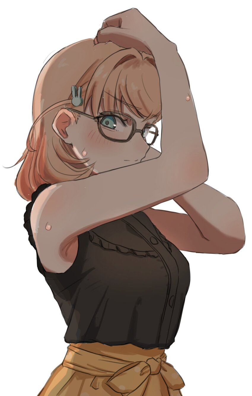 1girl aqua_eyes armpit_crease arms_up bare_shoulders black-framed_eyewear black_shirt closed_mouth commentary frilled_shirt frills glasses hair_ornament highres hinoshita_kaho hinoshita_kaho_(ishikawa_prefectural_library) hot link!_like!_love_live! looking_at_viewer love_live! medium_hair official_alternate_costume orange_hair orange_skirt rabbit_hair_ornament shirt simple_background skirt sleeveless sleeveless_shirt solo split_mouth sweat two_side_up upper_body v-shaped_eyebrows virtual_youtuber white_background wotan_(wotandesu)