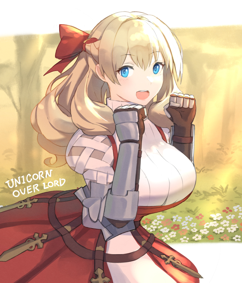 1girl blonde_hair blue_eyes border bow breasts brown_gloves commentary_request copyright_name cowboy_shot dress field flower flower_field from_side gauntlets gloves hair_bow hands_up highres large_breasts letterboxed long_hair looking_at_viewer medaman open_mouth outside_border red_bow red_dress scarlett_(unicorn_overlord) smile solo sweater teeth unicorn_overlord upper_teeth_only white_border white_sweater yellow_background