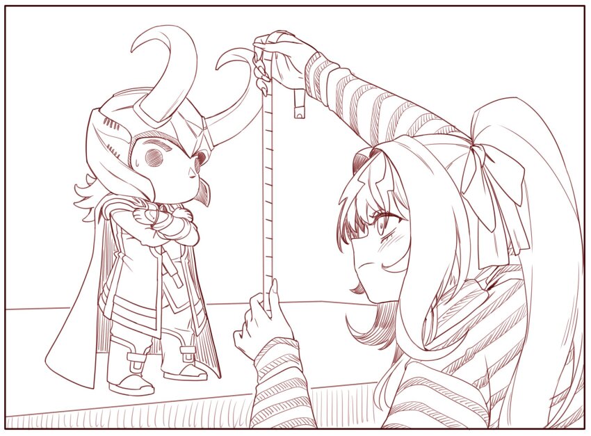 1girl agemmata arm_up bow chibi closed_mouth coat commentary doll english_commentary fake_horns hair_ornament hand_up helmet high_side_ponytail highres holding horizontal-striped_clothes horned_helmet horns kaminari_clara loki_(marvel) long_bangs long_hair long_sleeves marvel marvel_cinematic_universe measuring medium_hair monochrome phase_connect shirt side_ponytail simple_background solo standing sweatdrop tape_measure thor:_ragnarok turtleneck turtleneck_shirt virtual_youtuber white_background