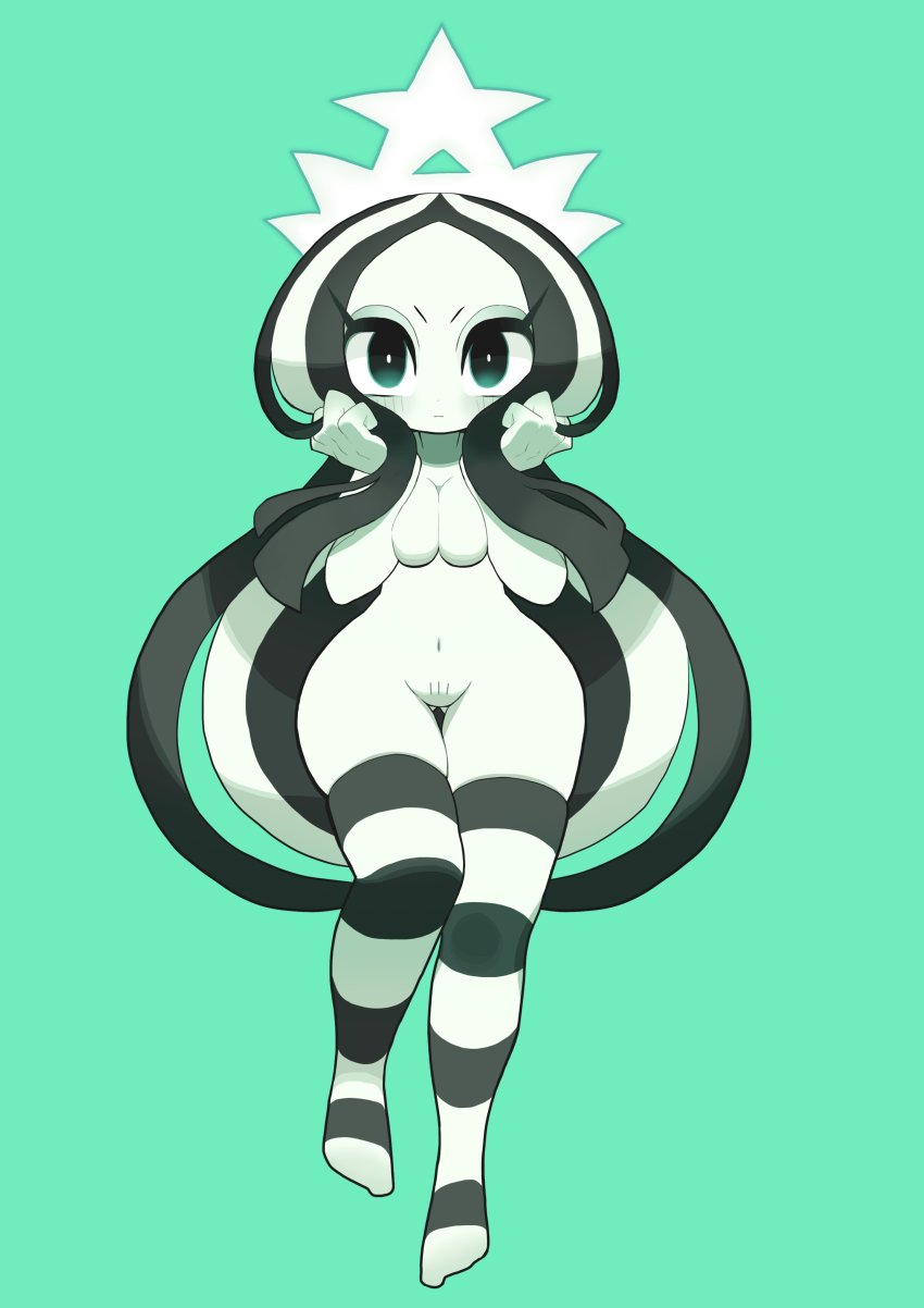 1girl absurdres black_eyes black_hair blush convenient_censoring crown floating gashi-gashi green_background green_theme highres long_hair monochrome multicolored_hair no_nose nude product_girl solo starbucks starbucks_siren stb-chan streaked_hair striped_clothes striped_thighhighs thighhighs very_long_hair white_hair