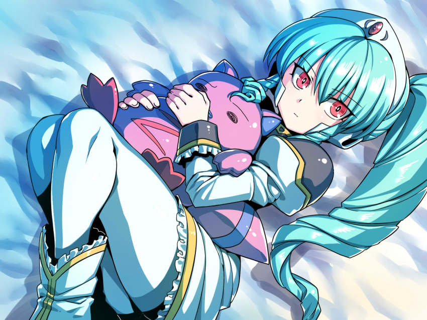 1girl aqua_hair female_focus galaxy_angel hat holding holding_stuffed_toy long_hair looking_at_viewer lying on_back pantyhose red_eyes solo stuffed_animal stuffed_toy tukiwani vanilla_h white_hat white_pantyhose