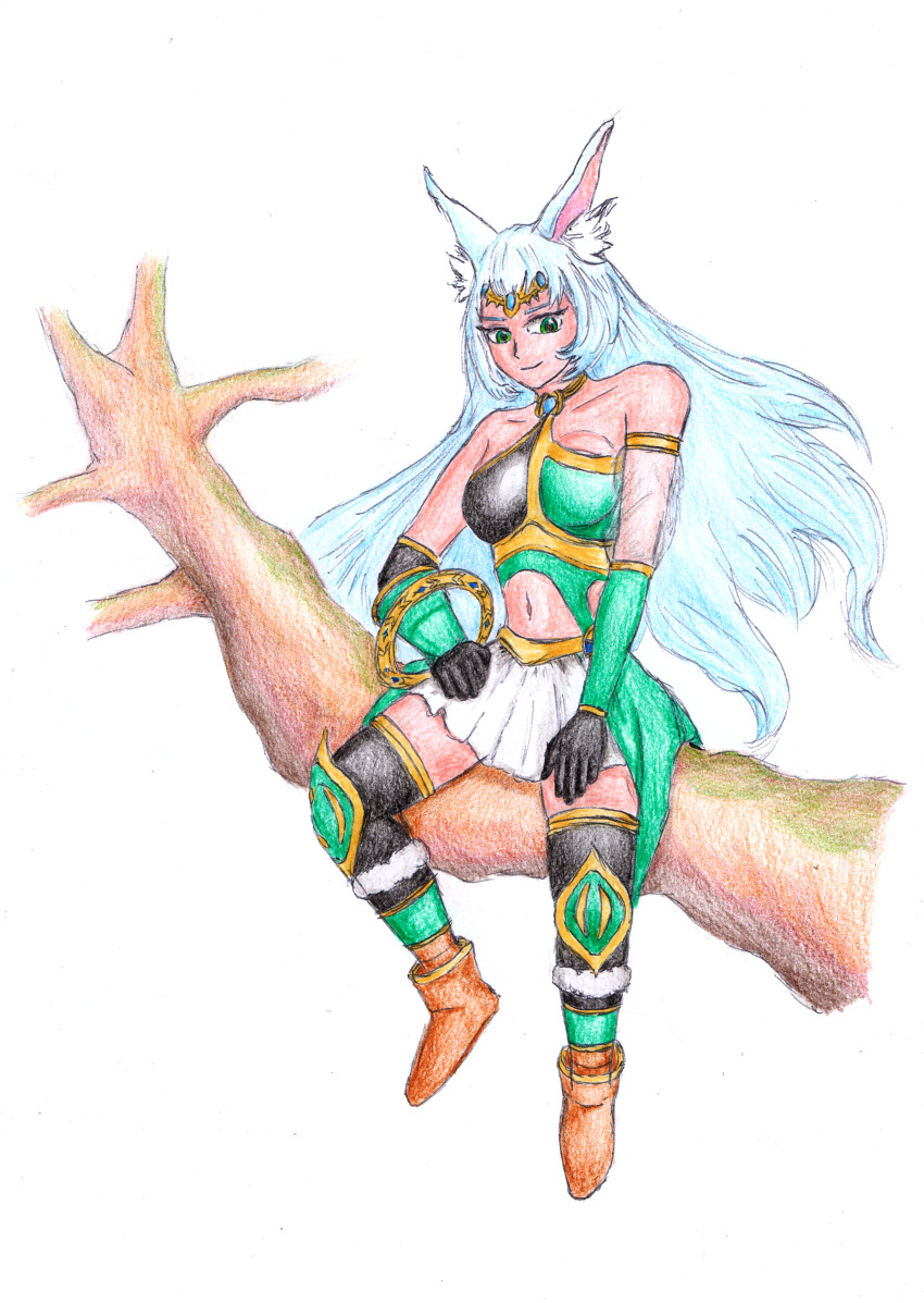 1girl absurdres animal_ears apollousa_bow_of_the_goddess blue_hair boots branch green_eyes highres navel non-web_source sitting traditional_media yu-gi-oh!
