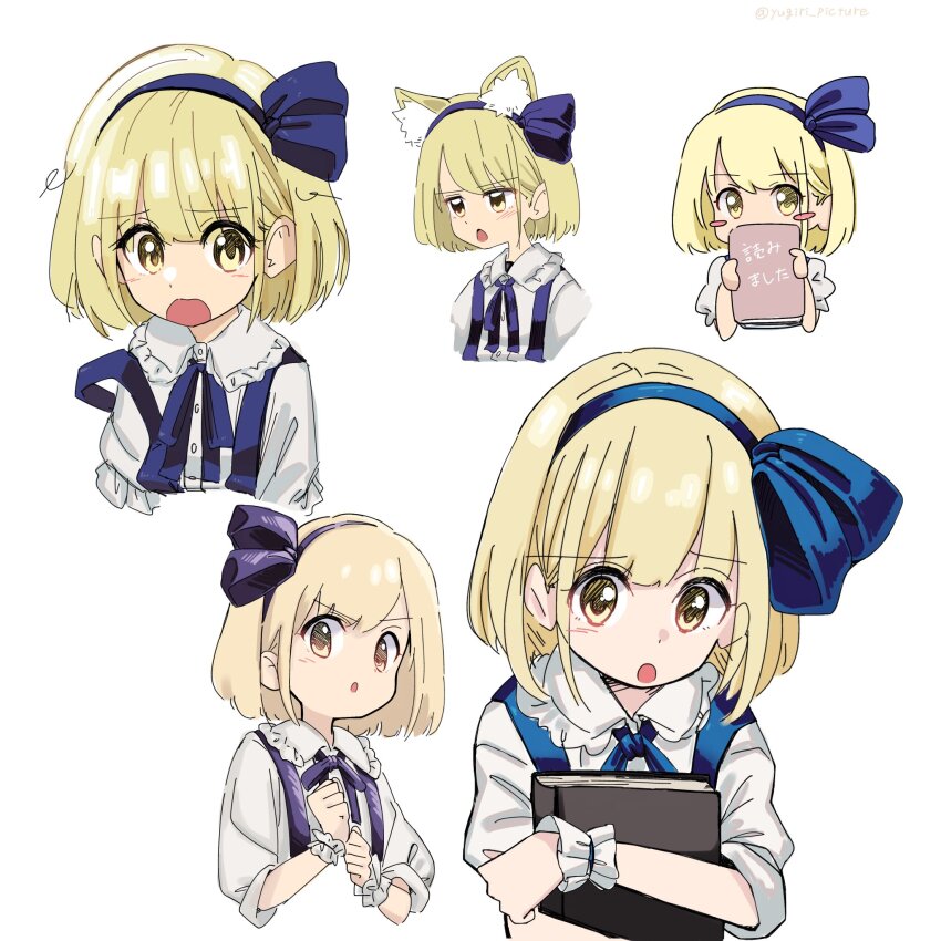 1girl alice_margatroid alice_margatroid_(pc-98) animal_ears blonde_hair blue_hairband blush book bow dress grimoire grimoire_of_alice hair_bow hair_ornament hairband highres holding holding_book multiple_views open_mouth ribbon shirt short_hair skirt smile solo suspender_skirt suspenders touhou touhou_(pc-98) yellow_eyes yugiri_(yugiri_picture)