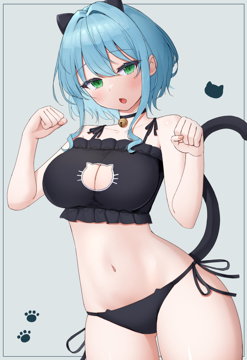 1girl absurdres animal_ears asigaru3000 bell black_bra black_choker black_ears black_panties black_tail blue_hair bra breasts cat_cutout cat_ear_panties cat_ears cat_lingerie cat_tail choker cleavage_cutout clothing_cutout frilled_bra frills green_eyes hair_intakes highres hikikomari_kyuuketsuki_no_monmon large_breasts medium_hair meme_attire navel neck_bell open_mouth panties paw_pose side-tie_panties sidelocks solo tail underwear underwear_only villhaze