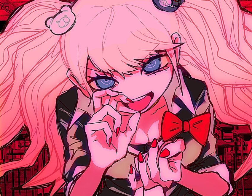 1girl :d bear_hair_ornament black_background black_shirt blonde_hair blue_eyes bow breasts collarbone colorful_background danganronpa:_trigger_happy_havoc danganronpa_(series) enoshima_junko fingernails hair_ornament kobanzame_omo large_breasts long_sleeves nail_polish open_mouth red_background red_bow red_nails sharp_fingernails shirt smile solo teeth tongue twintails upper_teeth_only